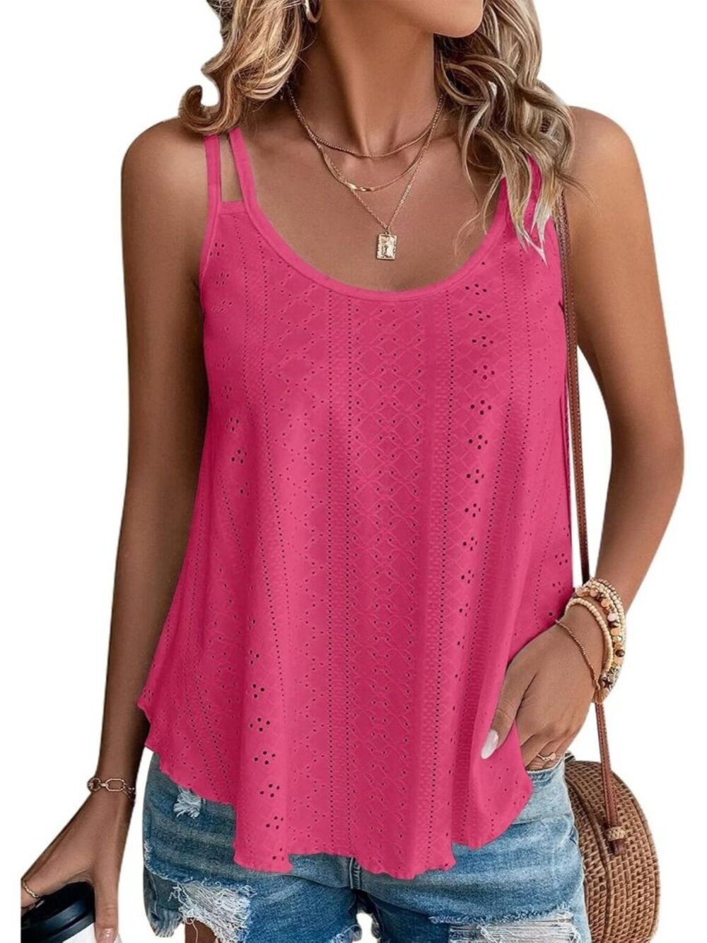 Women's Hot Pink Eyelet Spaghetti Strap Loose Flowy Scoop Neck Cami Tank Top